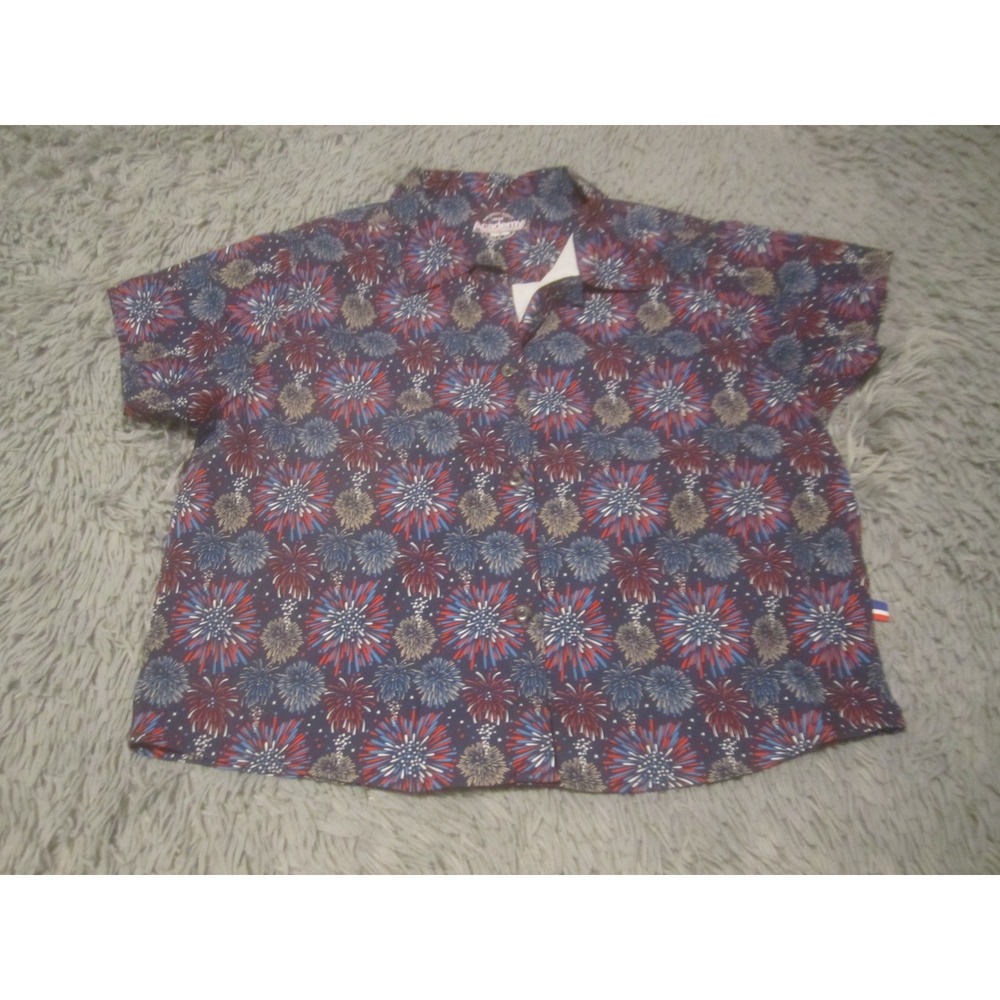 Academy Shirt Womens Small Blue Red Fireworks Short Sleeve Button Down Casual